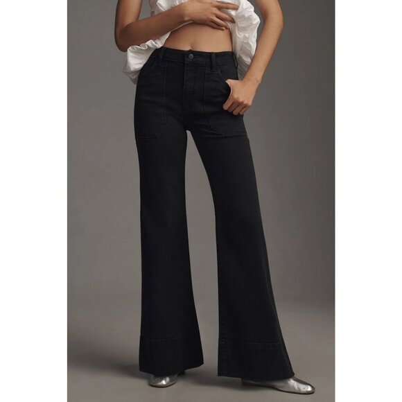 Pilcro and Letterpress Women's Flared Jeans Subsrcipt Mid-Rise Denim Black 25 - Picture 1 of 16